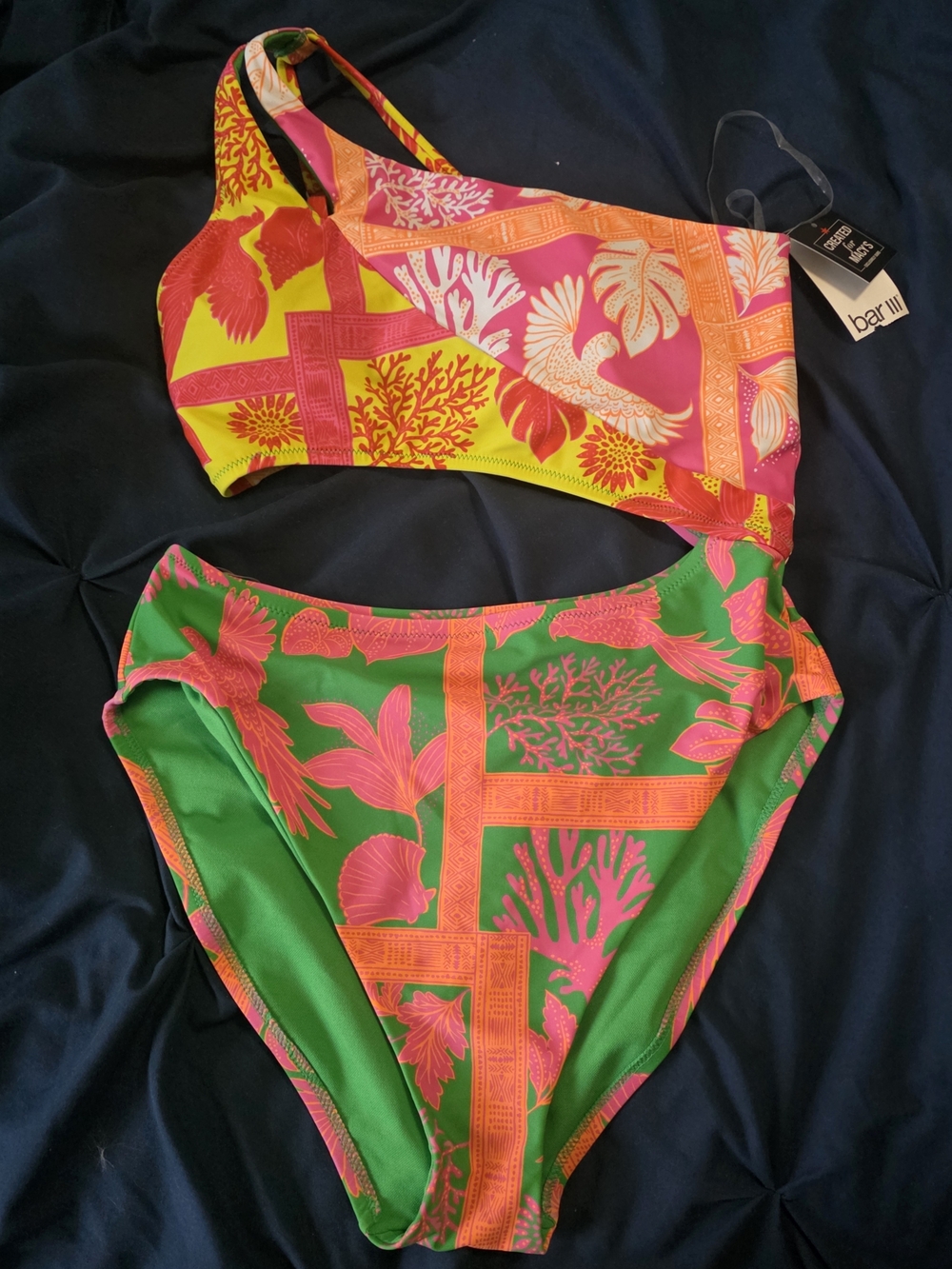 Bright Tropical One-Shoulder Bikini - Pink, Green & Neon Orange